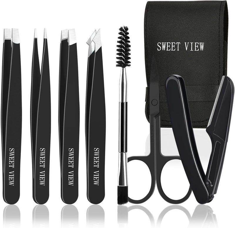 SWEET VIEW 7pcs Eyebrow Tweezers Kit for Women Precision Plucker with Brow Scissors & Razor & Spoolie for Facial, Chin, Brow, Splinter and Ingrown Hair - Image 1